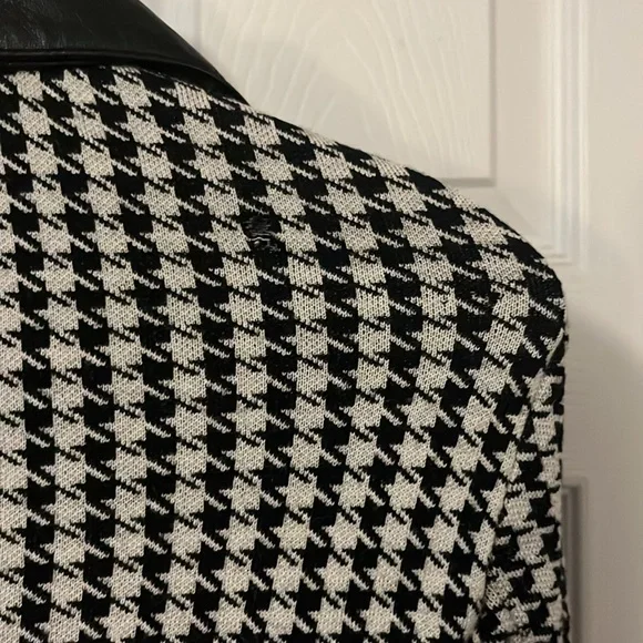 Classiques Entier Wool Leather Houndstooth Knit Blazer Fitted Cardigan Sweater